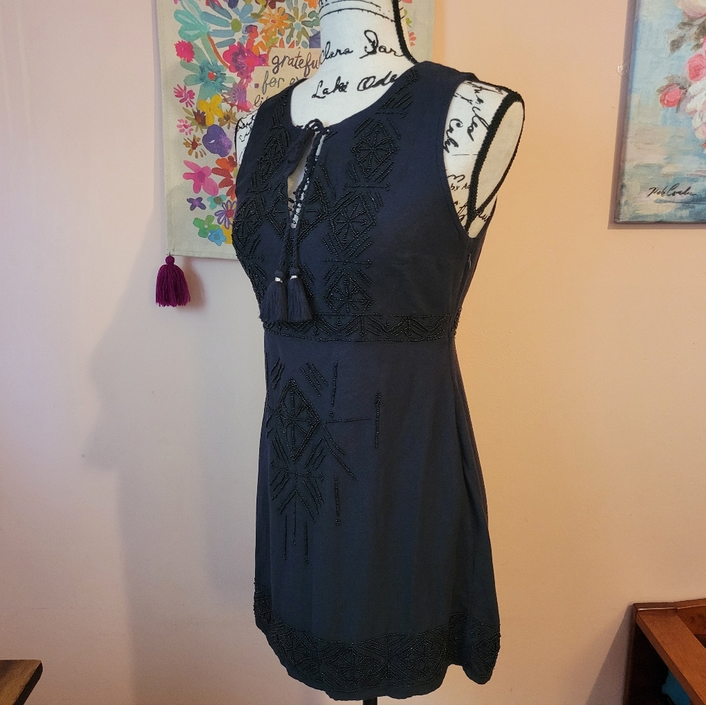 NWT Abercrombie & Fitch Dress Black Beaded Tassel Shift Sleeveless Dress Boho XS
